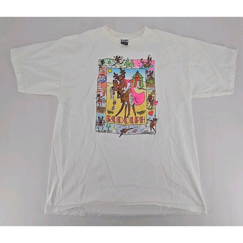 Vintage Fabric Art Graphic Tee‎ White XL Rudolph Reindeers Christmas Adler Ring